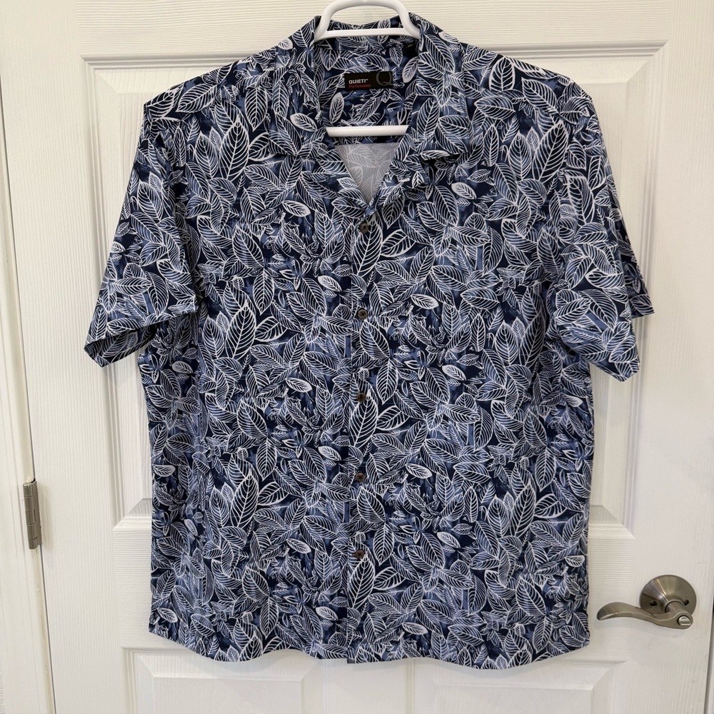 Quieti‎ Shirt Mens Extra Large Blue Hawaiian Leaf Print Short Sleeve Button Up